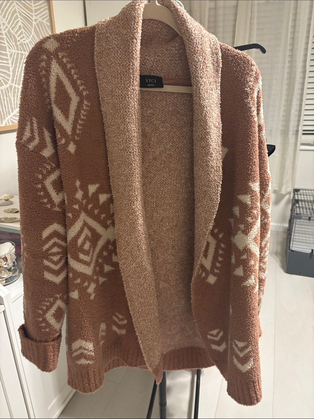 VICI Open-Front Geometric Shawl Collar Cardigan - Rust & Cream